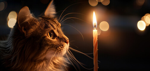 A festive feline whiskers aflutter in the glow of birthday candles capturing a moment of pure happiness and celebration - obrazy, fototapety, plakaty