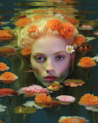 Serene forest fairy portrait with woman floating amidst water lilies and reflections