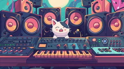 A playful cartoon scene of a cat hitting high notes in an audio studio with a colorful backdrop of sound mixers and speakers