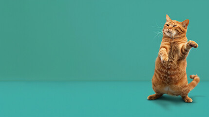A quirky animated cat performing a comical dance surrounded by ample copy space on a vibrant horizontal background
