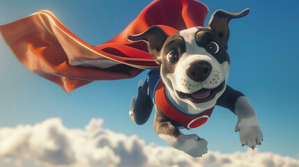 An animated goofy dog dressed in a superhero costume flying across a clear horizontal sky background ideal for captions - obrazy, fototapety, plakaty