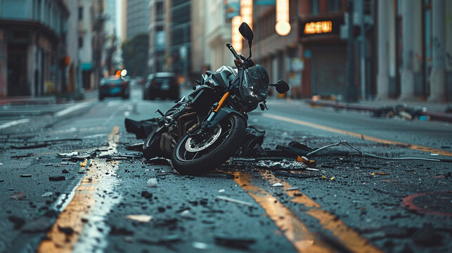 A lone motorcycle crashed in the middle of an urban street surrounded by scattered debris capturing the urgency of road safety awareness
