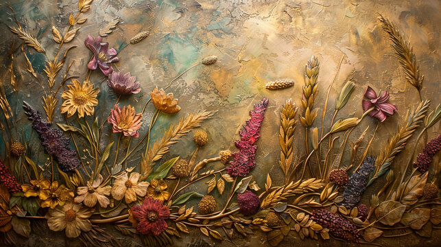 A panoramic banner of a freehand oil painting capturing the delicate textures of plants and flowers interspersed with golden grains symbolizing nature bounty