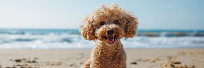 portrait of a happy poodle at the beach