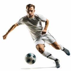 Athletic male soccer player dribbling on white background.