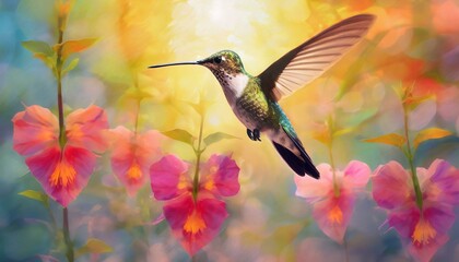 A hummingbird flying over flowers shaped like a hearts as the sun goes down in the background ai generator - obrazy, fototapety, plakaty