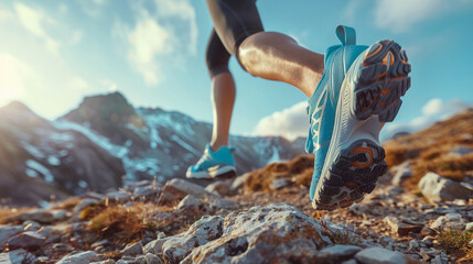A dynamic shot of a womans running shoes mid stride on a rocky mountain trail her backpack bouncing capturing the essence of trail running - obrazy, fototapety, plakaty