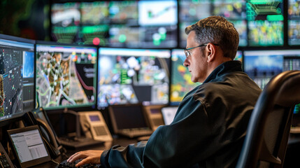 A professional in a tech driven control center deeply engaged in analyzing data from multiple monitors showcasing a blend of technology and expertise