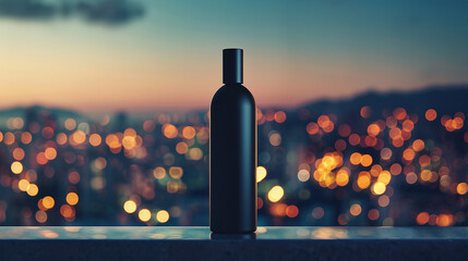 A sleek, modern bottle standing against a backdrop of city lights. - obrazy, fototapety, plakaty