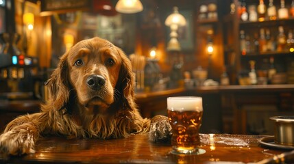 A dog in a bar clumsily holding a pint of beer - obrazy, fototapety, plakaty