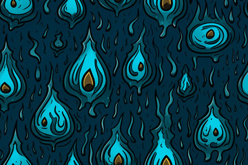 A blue and green pattern of water droplets with a fire element - obrazy, fototapety, plakaty