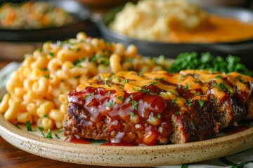 Delicious Homemade Comfort Food Plate with Meatloaf, Macaroni and Cheese, Mashed Potatoes, and Fresh Greens on Wooden Table
