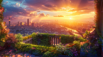Paris Cityscape at Sunset, Aerial View of Urban Architecture and Skyscrapers, Romantic European Travel Destination