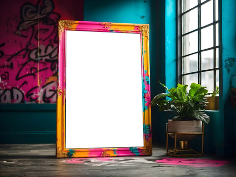 An empty frame mockup with a vibrant, graffiti-style border, adding urban flair to a contemporary space.