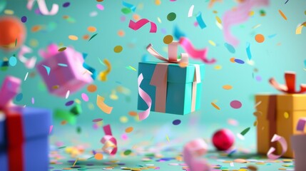 Gift boxes falling on confetti background, Gifts falling on blue background with confetti.