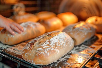 Freshly Baked Loaves of Bread Being Removed from Oven in Artisan Bakery, Food Preparation and Culinary Craftsmanship