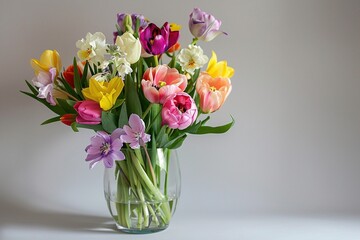 Studioaufnahme von einem bunten Blumenstrauß mit Tulpen in einer Glasvase 