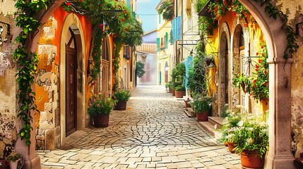 Picturesque European Village Street, Old Town Architecture, Mediterranean Travel and Tourism Scene - obrazy, fototapety, plakaty