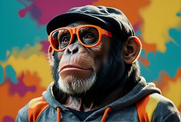 portrait of a chimp , chimpanzee in sunglasses, funny monkey with glasses, monkey wearing a sweatshirt
