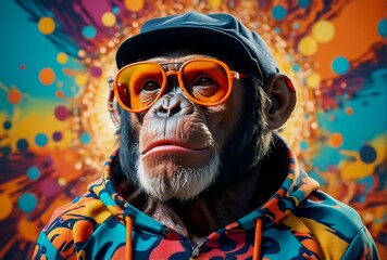portrait of a chimp , chimpanzee in sunglasses, funny monkey with glasses, monkey wearing a sweatshirt
