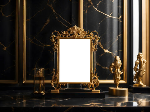 Golden luxury transparent empty photo frame on the black marble wall, Royal interior luxury decor frame mock up for photo, picture, art