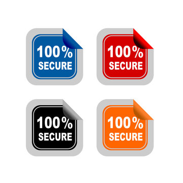 100 Percent Secure Colorful Modern Labels And Stickers. Protected Against Attack. Vector