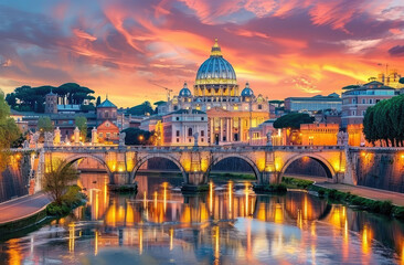The iconic St Peter's Basilica and the Spanish Bridge at sunset, Rome Italy with illuminated...