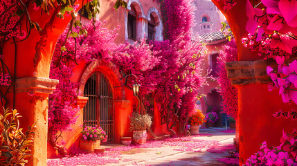 Picturesque street with flowering plants, showcasing the traditional beauty and vibrant colors of Mediterranean architecture
