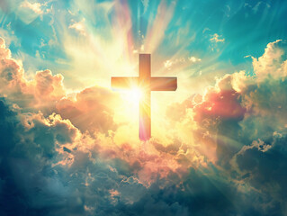 Cross in the clouds and rays of sun, power of faith concept 