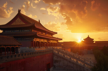 The majestic Forbidden City stands tall against the backdrop of an orange sunset sky, with its red walls and golden tiles gleaming under warm sunlight