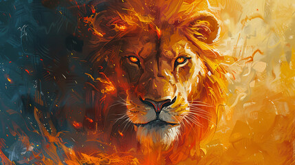Portrait of a fiery lion as a symbol of courage and strength