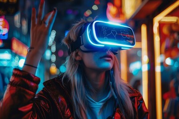 person in a virtual reality headset touching a icon shopping float on around. - obrazy, fototapety, plakaty