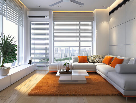 Energy efficient air conditioner with fresh natural in a modern living room. 