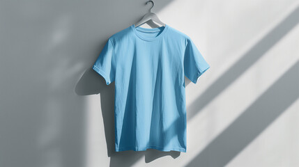 Sky Blue T-Shirt Basking in Sunlit Shadows Against a White Wall