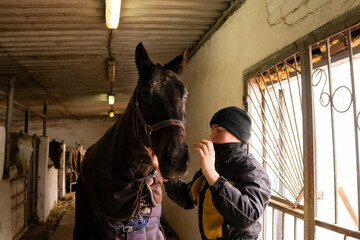 Person bonding with black horse in stable.
