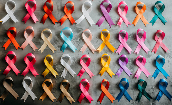 Flatlay rainbow cancer ribbons background global world cancer day February 4th with pink blue purple gold ribbon for medical research charity fundraising event support healthcare above top view fun - Powered by Adobe