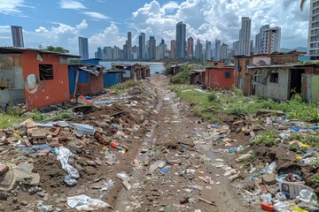 slum areas and poverty behind highrise buildings in the city professional photography