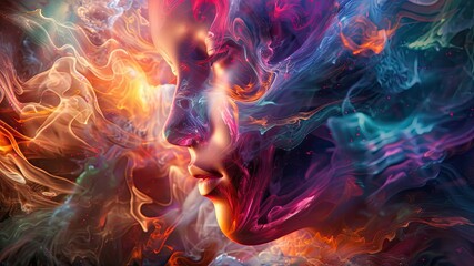 Abstract girl's face reflects inner turmoil and peace, vibrant hallucinations, colorful psyche. - obrazy, fototapety, plakaty