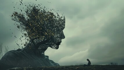 Capturing the surreal weight of depression and anxiety, a mind in distress isolated within nature's embrace.