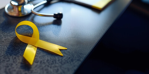 Yellow Cancer support ribbon on Drs office dark table with stethoscope for medical healthcare appointment banner concept to support sarcoma bladder liver health suicide prevention counseling therapy
 - obrazy, fototapety, plakaty