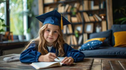 Smiling young girl in graduation cap and gown writing in a notebook, with a bookshelf background, depicting early education success. - 765664838