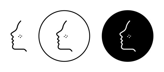 Acne line icon set. Face with pimples symbol. Woman face skin with dark spot sign in black and blue color.