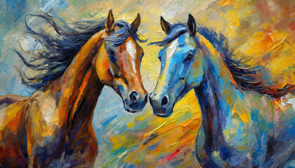 Fototapeta na wymiar Modern art horses painted on an oil canvas, art design