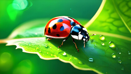 Fototapeta premium Ladybug resting on bright green leaves in the garden Showcasing the intricate beauty of nature up close, background images