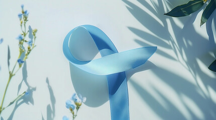 Flatlay light blue cancer ribbon with shadow background  prostate chronic illness mens health colorectal support awareness month fundraising charity survivor copy space banner campaign event