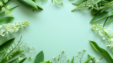Flat Lay of White and Green Flowers on Mint Green Background