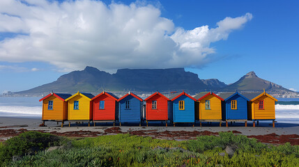 Fototapeta na wymiar Colorful beach huts with mountain backdrop under blue sky.