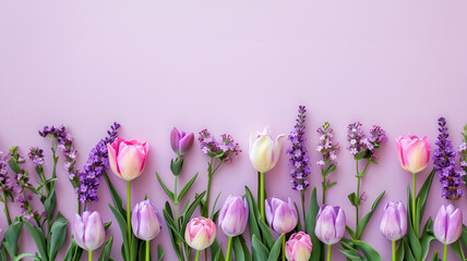 Flat Lay of Flowers on Lavender Background
