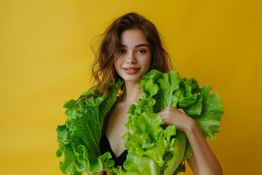 Smiling Young Woman Posing With Fresh Green Lettuce Against a Vibrant Yellow Background