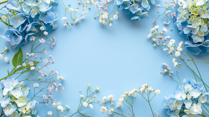 Flat Lay of Blue and White Flowers on Sky Blue Background